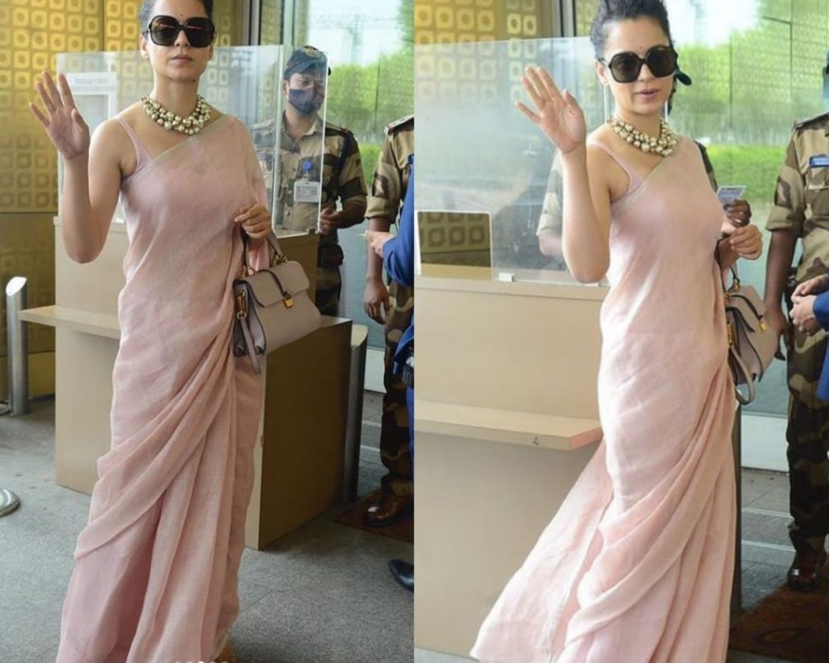 Kangana Ranaut makes a style statement in a off-white saree with cape blouse  - BridalTweet Wedding Forum & Vendor Directory