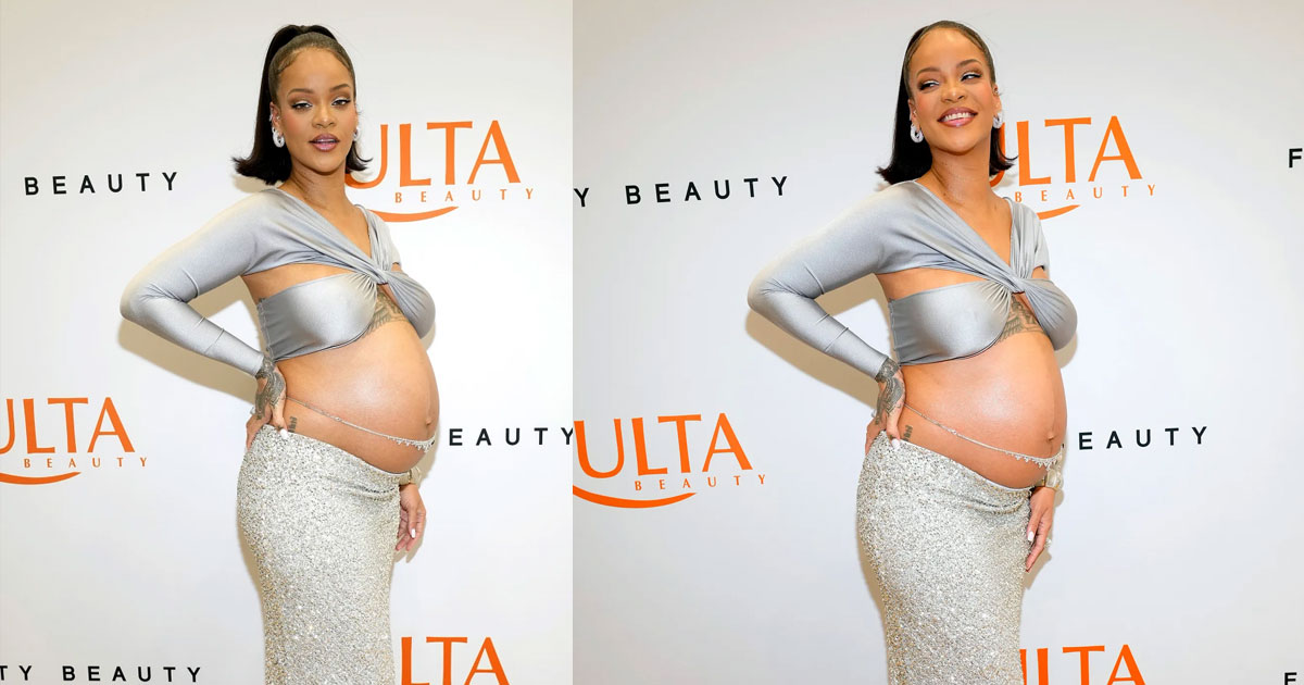 Pregnant Rihanna Sparkles in Silver for Fenty Beauty Launch at Ulta