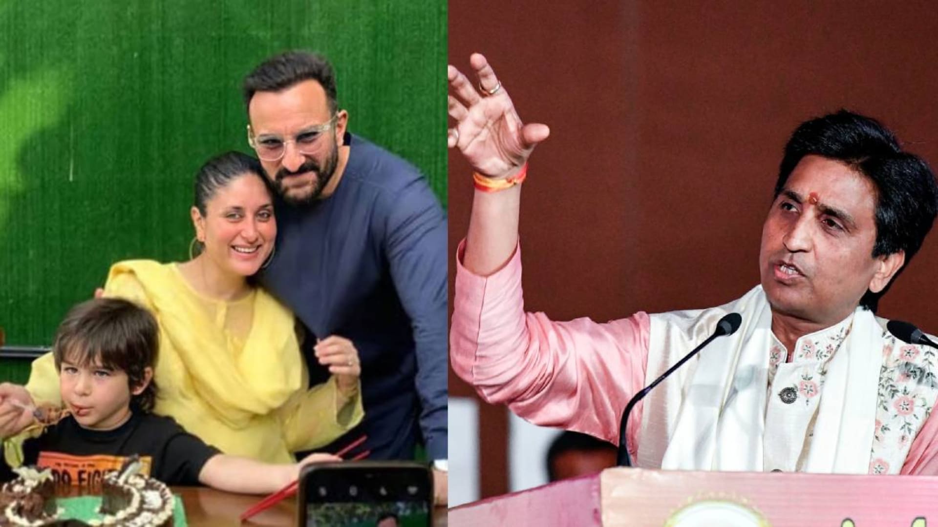 

Saif Ali Khan and Kareena Kapoor Khan got married in October 2012. The couple is blessed with two baby boys- Taimur Ali Khan and Jehangir Ali Khan. Their marriage became the talk of the town 12 years ago. 

And when Kareena named her elder son Taimur, there were lots of people on social media that had issues for reasons best known to them. The latest person who has raised objections on his name is none other than the famous poet Kumar Vishwas. But his views have not gone down well as the speech is going viral.  

Kumar Vishwas had this to say on Saif Ali Khan and Kareena Kapoor Khan’s son Taimur Ali Khan.

Kumar Vishwas on Saif Ali Khan and Kareena Kapoor Khan’s son 

Kumar Vishwas can be heard saying, “There are so many names that you could have chosen. But you named your child after that rapist. Now, if you want to make him a hero, we won’t let him become even a villain. India has awakened after 75 years.”

        View this post on Instagram            A post shared by dr_kumarvishwas_fanpage🙈 (@dr_kumarvishwas_shayari)

Vishwas added, “Those living in the world of glamour must understand what the nation desires. This won’t work anymore — you take fame from us, money from us, we buy tickets and make heroines & heroes. But the child from your third marriage is named after some lame invader.”

It must be clarified her that the Omkara actor is married only twice.

Debate around Saif Ali Khan and Kareena Kapoor Khan’s son Taimur

Samajwadi Party leader Udayveer Singh was quoted saying, “Kumar Vishwas represents the violence wing of Bharatiya Janata Party politics. To fulfil his political ambitions, he is making baseless statements.”

He added, “This is unbecoming and highly inappropriate. Dragging the children of film personalities, who have nothing to do with politics, into such discussions is disgraceful.”

BJP was quoted saying, “People have the freedom to name their children but it must reflect the culture and ethos of India. Taimur was a destroyer and plundered. People of India will not accept it.”

Karisma Kapoor on Saif Ali Khan and Kareena Kapoor Khan’s marriage

LONDON – APRIL 26:  Karisma Kapoor arrives at the Zee Cinema Awards 2008 at the Excel centre on April 26, 2008 in London, England.  (Photo by Chris Jackson/Getty Images)

On The Great Indian Kapil Show, Lolo said, “Kareena actually asked me to sit down somewhere before she could say what she wanted to say. I didn’t understand the need, but I did find a sofa in the London store where I was shopping.“

The actress continued, “ She went like, ‘The thing is that, I’m in love with Saif. We are together. We are dating,’ and I wanted to hold on more tightly to the sofa.” Everyone knows I’m my own favourite. So before telling anyone else, I had to tell him first,” Kareena added.

Also Read: Kareena Kapoor Khan’s fans roast Pakistani actor Khaqan Shahnawaz for his “Woh bahut badi hain, main unka beta ban sakta hoon” statement; One says “Usko pata bhi nahi hoga yeh kon hai”

To stay updated with the latest Bollywood news, follow us on Instagram and Twitter, like us on Facebook and visit Masala.com.

jQuery(function($){

				$("#main img").each(function(){

					var $this = $(this), flag = "";	
					if (this.hasAttribute("alt") === false)
						//text = " has no alt attribute";
                        flag=1;
					else if ($this.attr("alt") === "")
						//text = " has an empty alt attribute";
                        flag=1;
					else
						//text = " has an alt attribute of '"+$this.attr("alt")+"'";
                        flag=0;
                    if(flag==1){
					var trimStr = $.trim($("#main h1").text());
					if($this.parent().hasClass("post-thumbnail")){
					$this.attr('alt',trimStr);
					}
					else
					{
					if($this.next().text() === "")
					$this.attr('alt',trimStr);
					else
					$this.attr('alt',$this.next().text());
					}
                    }
				});			
			});

		Tagged: kareena kapoor, karisma kapoor, Kumar Vishwas, saif ali khan, Taimur Ali Khan	

